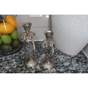 Vintage Pewter‎ metal palm tree candlestick holders-set of 2